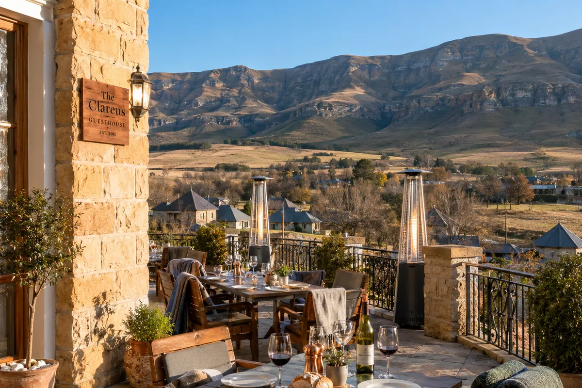 Terrace dining at The Clarens Guesthouse with mountain views and outdoor heaters in winter