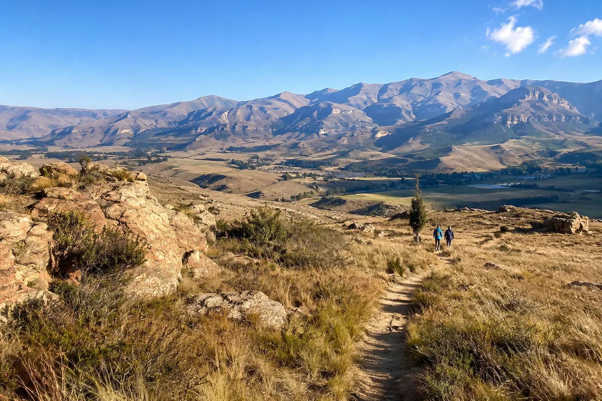 Hikers on a trail above Clarens with wide views of the Maluti Mountains in winter